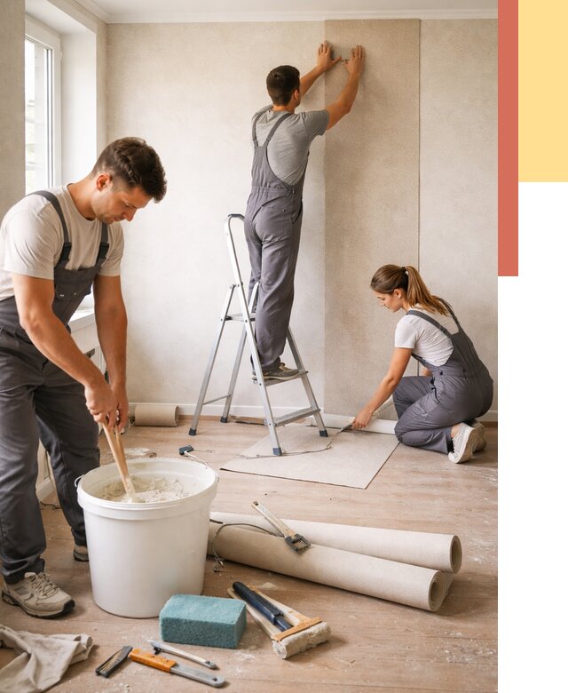 Оклейка стен обоями в Апшеронске от 3587 руб/м2 — быстро и недорого | ОТДЕЛОЧНИК-Пшр