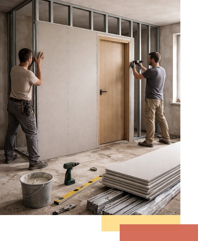 Перегородка из гипсокартона с дверью под ключ в Апшеронске