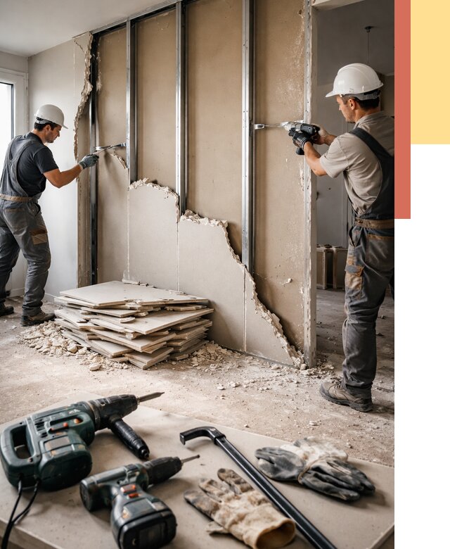 Демонтаж перегородки из гипсокартона в Апшеронске от 1230 руб. быстро и недорого | ОТДЕЛОЧНИК-Пшр