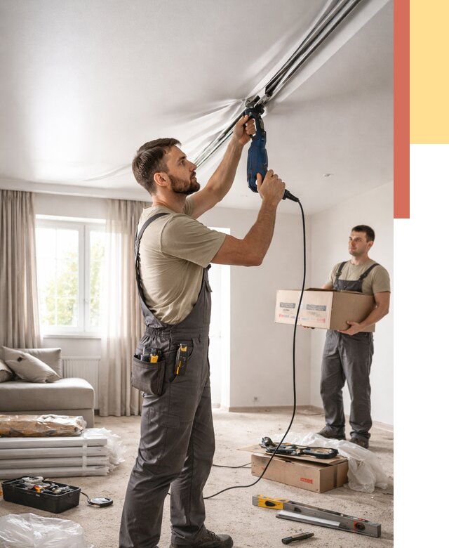 Монтаж сатинового натяжного потолка в Апшеронске от 3587 руб. | Быстро, недорого — ОТДЕЛОЧНИК-Пшр