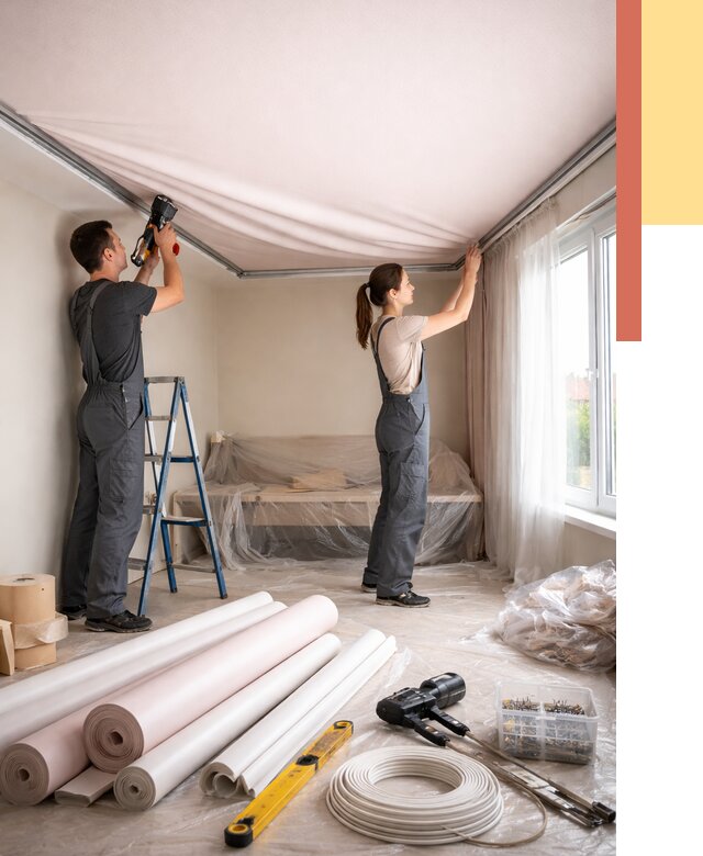 Монтаж цветного натяжного потолка в Апшеронске от 4304 руб/м² — быстро и недорого | ОТДЕЛОЧНИК-Пшр