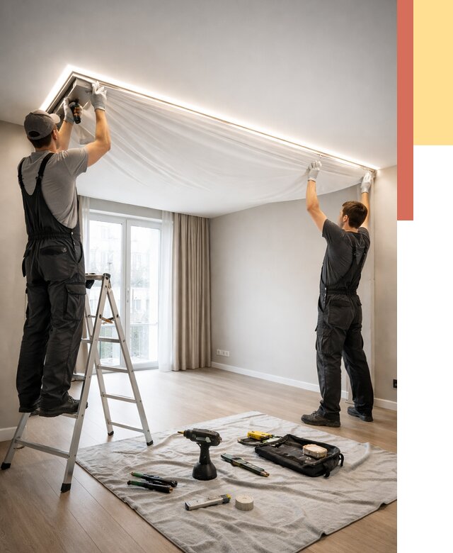 Монтаж парящего натяжного потолка в Апшеронске от 4612 руб. быстро и недорого | ОТДЕЛОЧНИК-Пшр