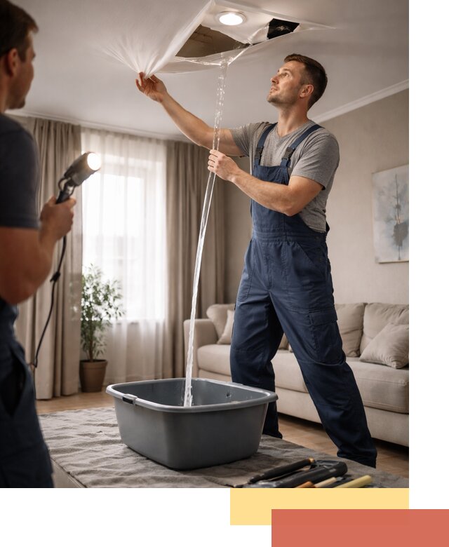 Слив воды с натяжного потолка в Апшеронске быстро и аккуратно