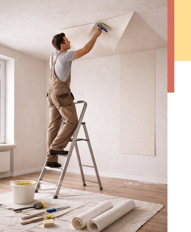 Поклейка обоев на потолок в Апшеронске от 4612 руб. быстро и недорого | ОТДЕЛОЧНИК-Пшр